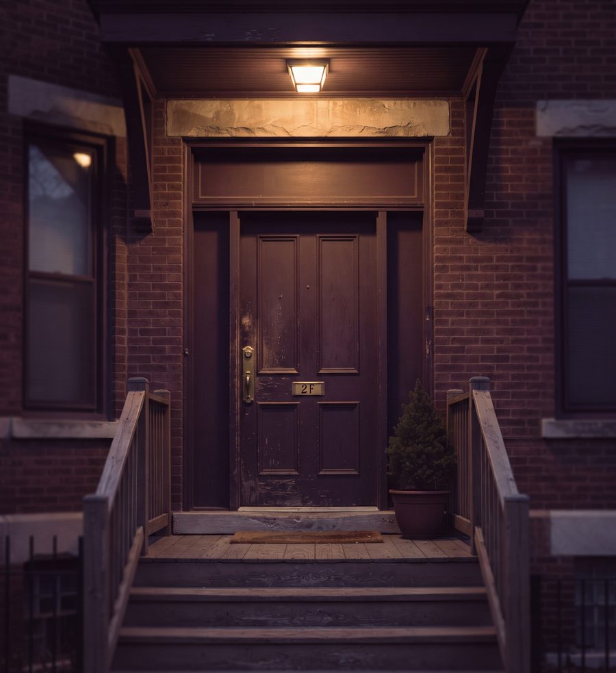 Managed Chicago three-flat entry at dusk